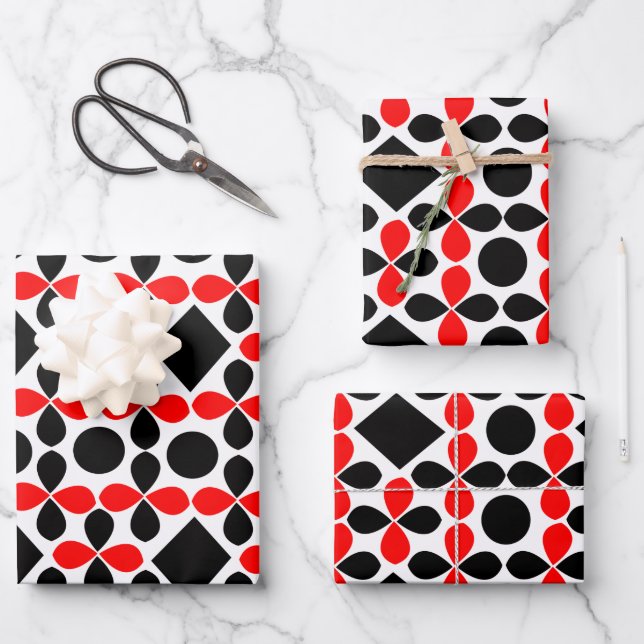 Feuille De Papier Cadeau Festif moderne géométrique rouge noir (Recto)
