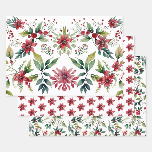 Feuille De Papier Cadeau Festif moderne Noël Botanique (Lot)