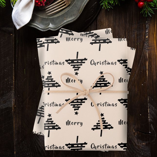 Feuille De Papier Cadeau Festif moderne Noir Beige Noël Arbre de Noël (Créateur téléchargé)