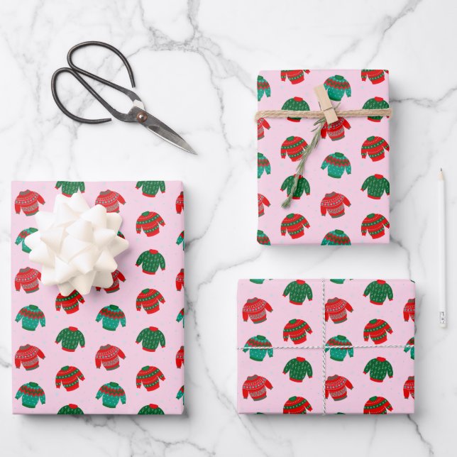 Feuille De Papier Cadeau Festif Noël laid Sweater Motif rose cadeau cadeau (Recto)