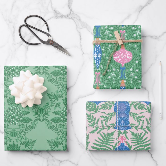 Feuille De Papier Cadeau Festif Noël rose et Motif vert (Recto)