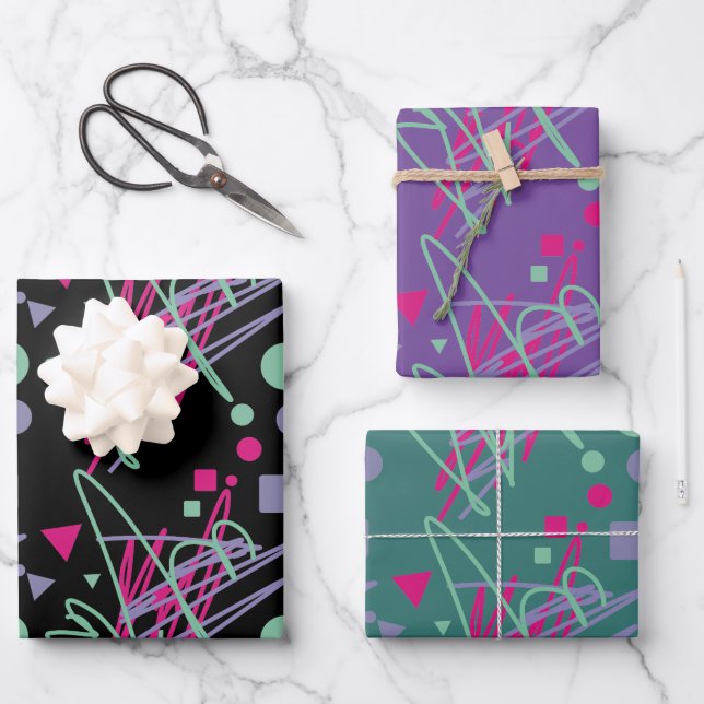 Feuille De Papier Cadeau Festif Pink Turquoise Pourpre Dots Carrés Triangle (Recto)