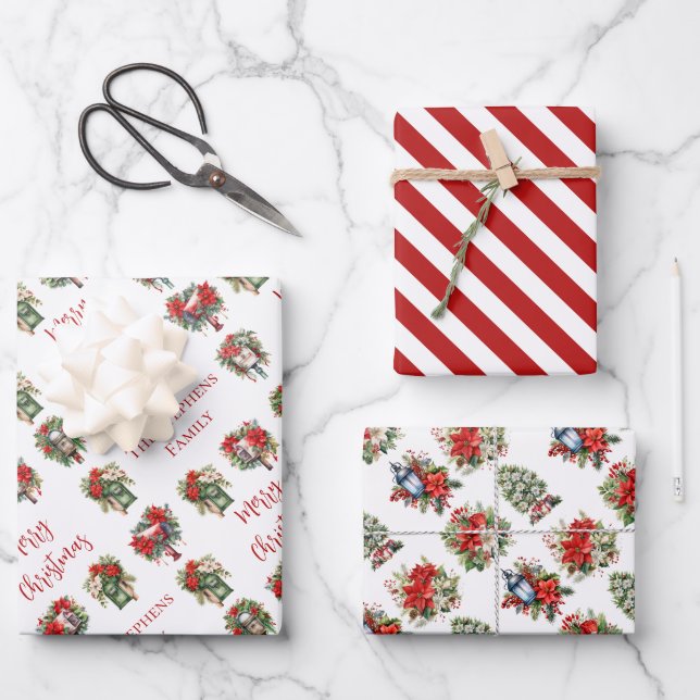 Feuille De Papier Cadeau Festif Poinsettia Aquarelle Noël (Recto)