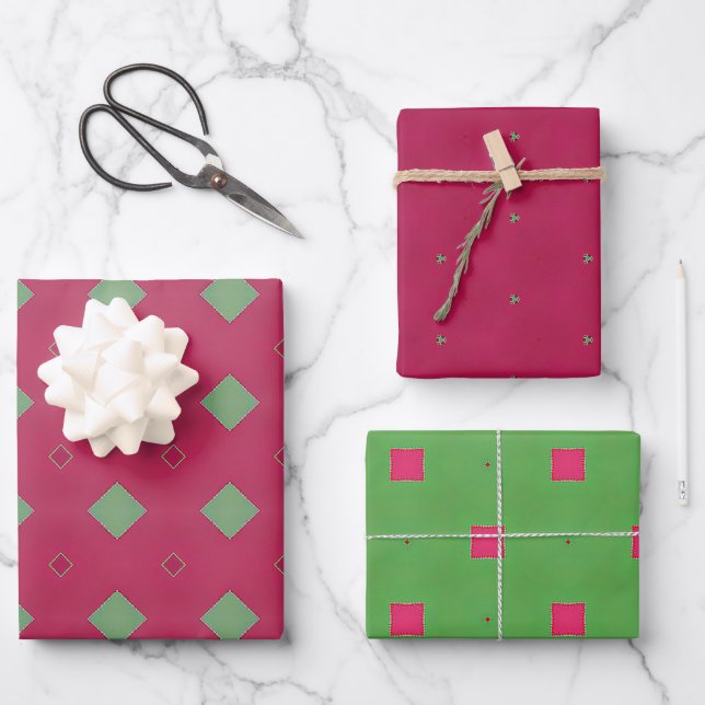 Feuille De Papier Cadeau Festif rose et vert Vibrant géométrique (Recto)