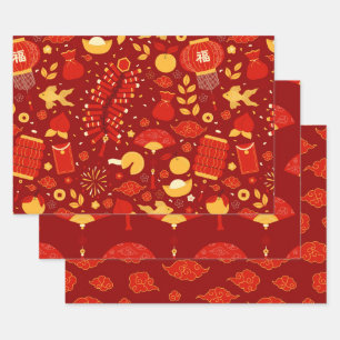 Feuille De Papier Cadeau Festif Rouge & Or Chinois Icônes du Nouvel An