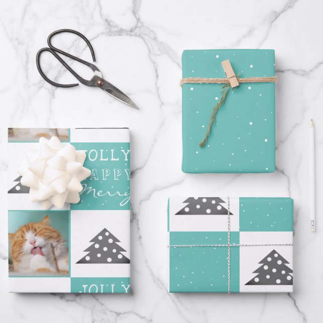 Feuille De Papier Cadeau Festif Turquoise Chat Photo Arbre de Noël (Recto)
