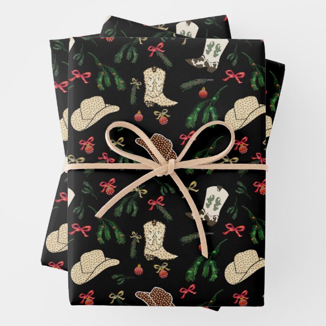 Feuille De Papier Cadeau Festif vacances Cowboy Rodeo Motif Noir (En situation)