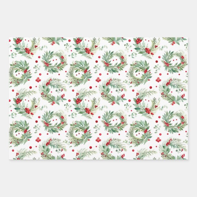 Feuille De Papier Cadeau Festin Aquarelle Holly et Berries Noël (Devant)