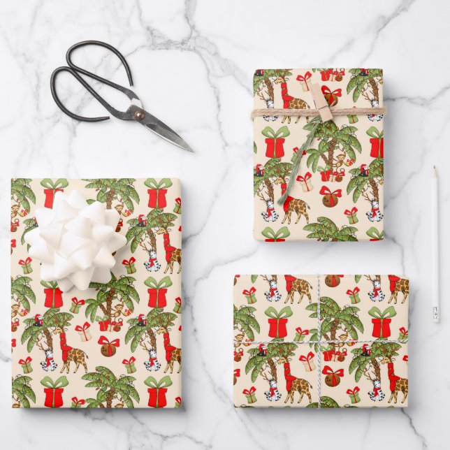 Feuille De Papier Cadeau Festivale carrelée Jungle animaux fête Noël (Recto)