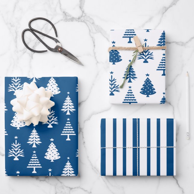 Feuille De Papier Cadeau Festive Blue and White Christmas Tree Pattern (Recto)