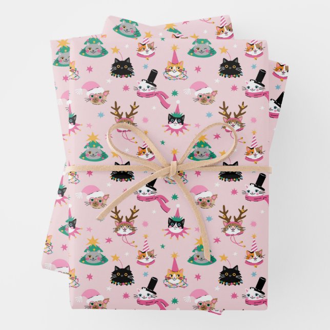 Feuille De Papier Cadeau Festive Chat Faces en Motif Casquette de vacances (En situation)
