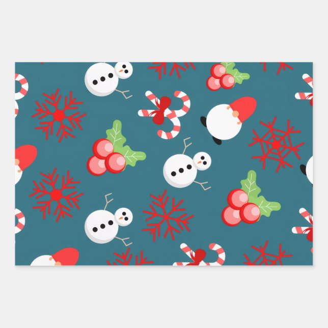 Feuille De Papier Cadeau Festive Christmas Wrapping Paper – Snowmen & Candy (Devant)