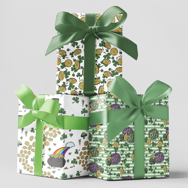 Feuille De Papier Cadeau Festive Green Irlandais Shamrocks, Or, & Flowers (A festive and happy set of 3 uniqueSt Patricks Day wrapping paper sheets. Illustrated in black ink. )