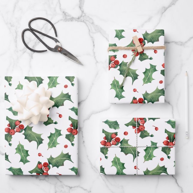Feuille De Papier Cadeau Festive Holly Berry Noël (Recto)
