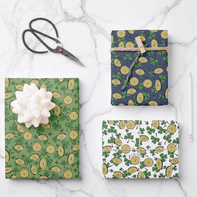 Feuille De Papier Cadeau Festive Irish Green Navy Lucky You Pièces Shamrock (Recto)