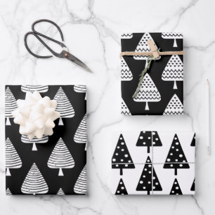 Feuille De Papier Cadeau Festive Noir et Blanc Arbres de Vacances Enveloppe