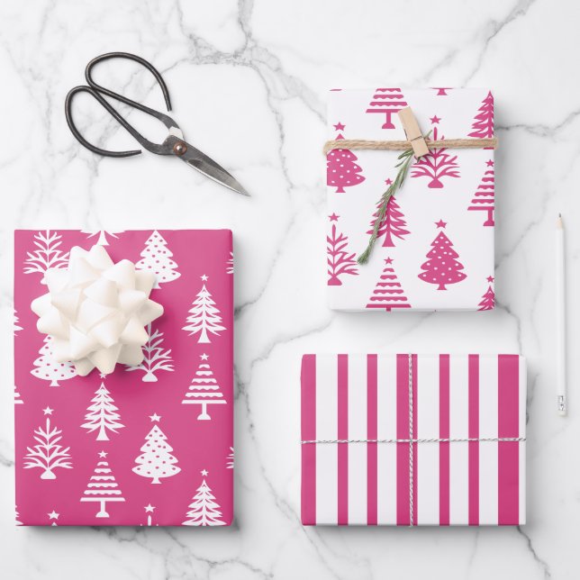 Feuille De Papier Cadeau Festive Pink and White Christmas Tree Pattern (Recto)