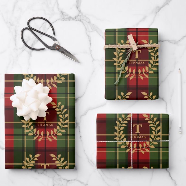 Feuille De Papier Cadeau Festive Red And Green Plaid With Custom Monogram (Recto)