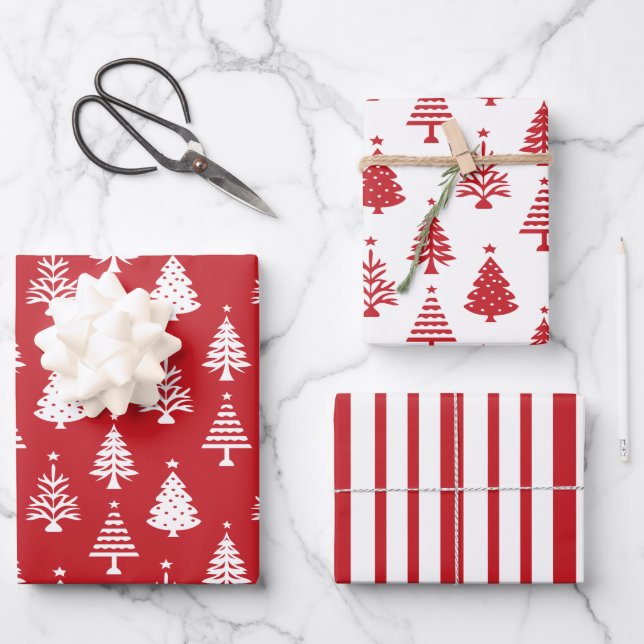 Feuille De Papier Cadeau Festive Red and White Christmas Tree Pattern (Recto)