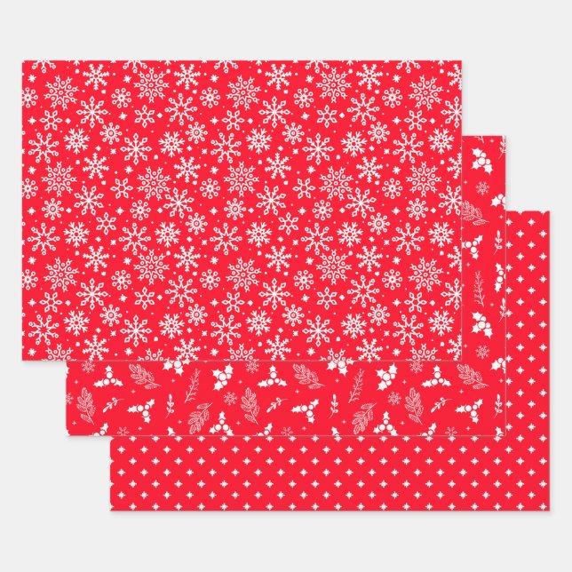 Feuille De Papier Cadeau Festive Red Snowflakes Holly et Berries (Lot)