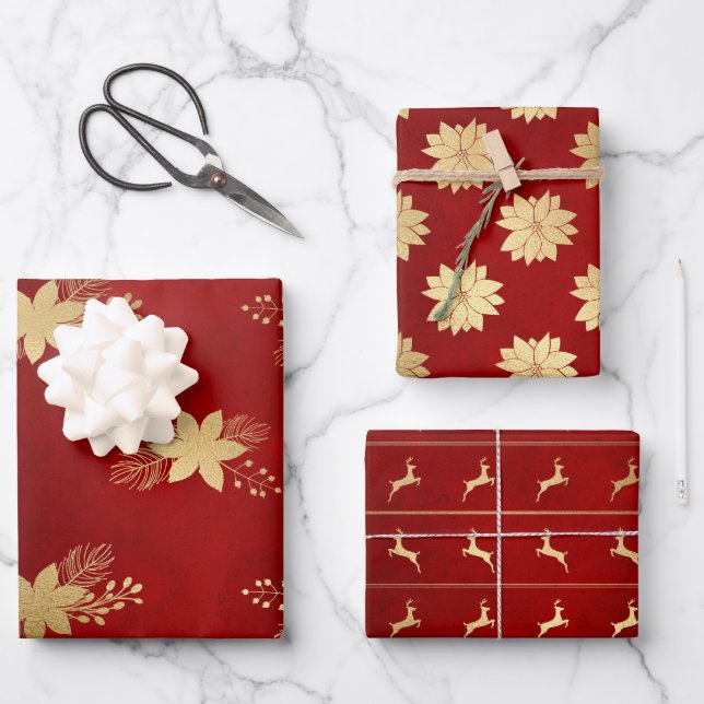 Feuille De Papier Cadeau Festive Rouge & Gold Foil Motifs de Noël d'hiver (Recto)