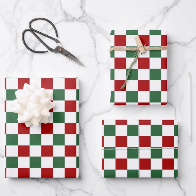 Feuille De Papier Cadeau Festive rouge vert Motif vérifié (Recto)
