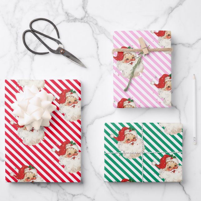 Feuille De Papier Cadeau Festive Stripe Retro Père Noël Noël (Recto)