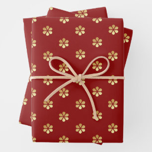 Feuille De Papier Cadeau Festive tendance Noël Rouge & Gold Daisy