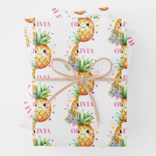 Feuille De Papier Cadeau Fête d'anniversaire tropicale fille nom ananas ros