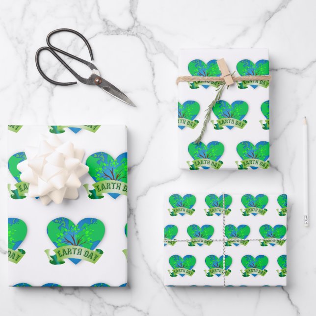 Feuille De Papier Cadeau Fête de la Terre Bleu Vert Coeur Appartement (Recto)