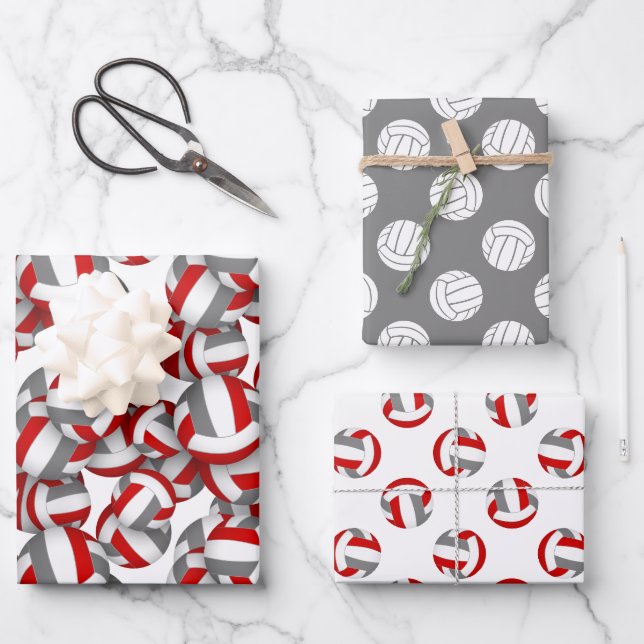 Feuille De Papier Cadeau fête de l'équipe de volley-ball gris rouge (Recto)