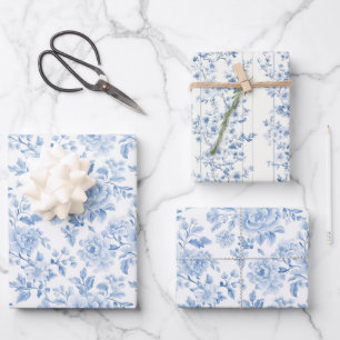 Feuille De Papier Cadeau Fête de mariage Fleurs Blanches Bleues Romantiques
