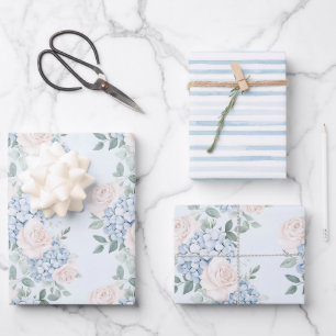 Feuille De Papier Cadeau Fête de mariage Fleurs Roses Bleues Romantiques
