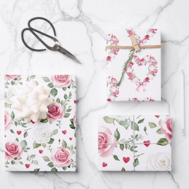 Feuille De Papier Cadeau Fête de mariage Rose Floral Hearts (Recto)