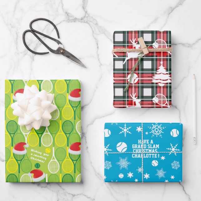 Feuille De Papier Cadeau 🎄 Fête de Noël 🎾 motif de tennis, texte personna (Recto)