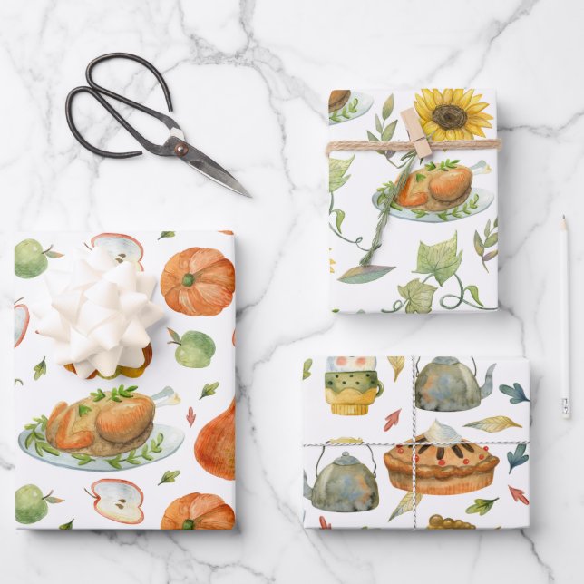 Feuille De Papier Cadeau Fête de Thanksgiving Automne Aquarelle Turquie Cit (Recto)