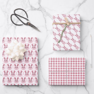 Feuille De Papier Cadeau Fête des lapins roses