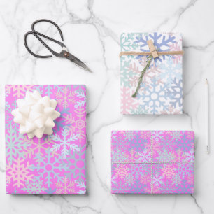 Feuille De Papier Cadeau Fête d'hiver Flambeaux de neige motif rose chaud