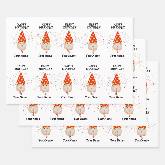 Feuille De Papier Cadeau Fête du hamster - Animaux à l'anniversaire Nom de  (Lot)