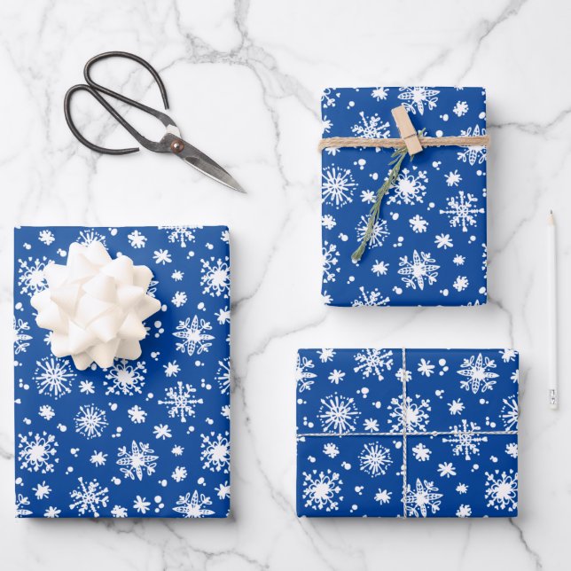 Feuille De Papier Cadeau fête Noël bleu flocons de neige carrelé motif (Recto)