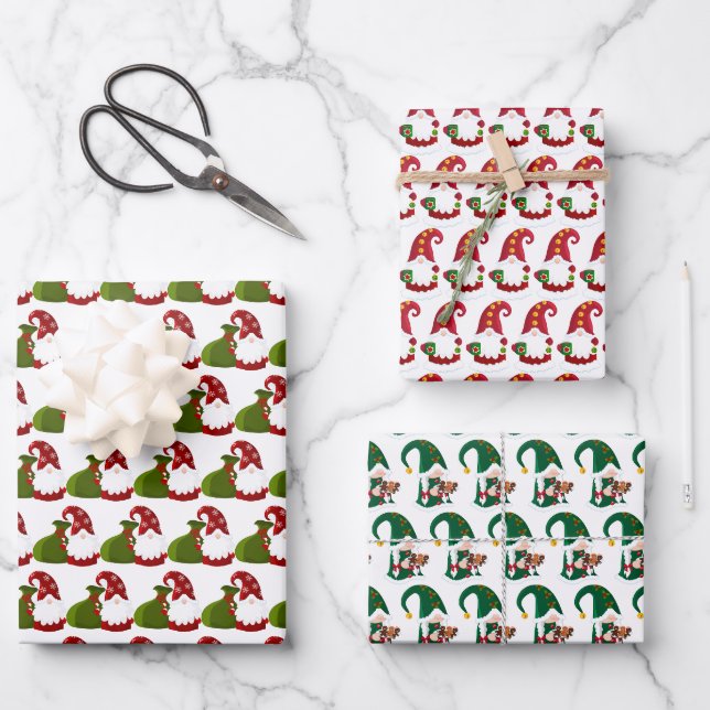 Feuille De Papier Cadeau fête Noël gnomes carrelés (Recto)