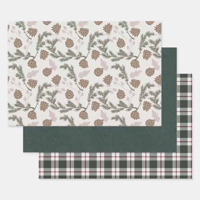 Feuille De Papier Cadeau Fête Pinecone À feuillage persistant Emerald Plaid (Lot)