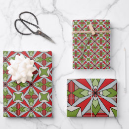 Feuille De Papier Cadeau Fêtes géométriques rouges et vertes