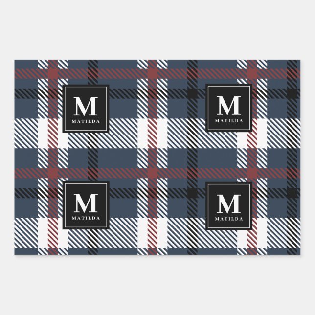 Feuille De Papier Cadeau Fêtes tartan monogramme personnalisées (Devant)