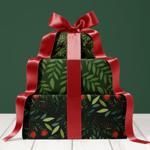 Feuille De Papier Cadeau Feuillage botanique rouge et vert de Noël