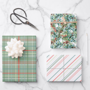 Feuille De Papier Cadeau Feuillage de Noël, rayures et plaid