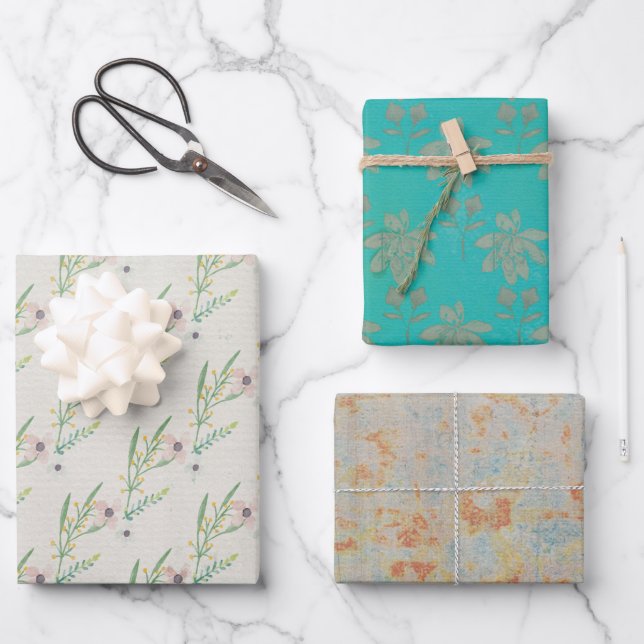 Feuille De Papier Cadeau Feuillage en bronze Turquoise rustique (Recto)