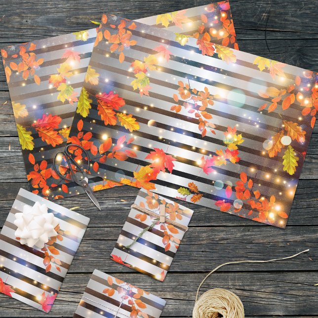 Feuille De Papier Cadeau Feuilleté Feuillage d'automne Silver Black Stripe  (Créateur téléchargé)