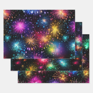 Feuille De Papier Cadeau Feux d'artifice arc-en-ciel élégants sur fond noir