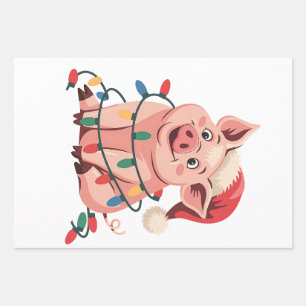 Feuille De Papier Cadeau Feux de Noël Cochon portant le Casquette de Noël -